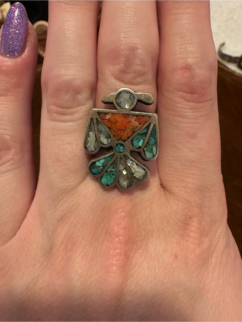 VintageTurquoise, Pearl & Orange Spiny Oyster Inlay Sterling Silver Ring- Size 7